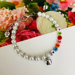 Colorful Personalized Pearl Dog Cat Collar Necklace Beaded White Pearl Pet Jewelry Silver Rhinestone Accents fancy Puppy Collar with Name