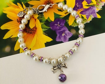 Elegant Dog Cat Collar Necklace Crystal Rhinestone Charm Bling Silver Bow Charm White Ivory Pearl Pet Collar Necklace Fancy Puppy collar