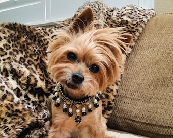 Elegant Dog Cat Collar with Bling Flower Charm Ivory Pearls Black Beads Rhinestone Accent Fancy Pet Collar Neckwear Classy Custom Pet Collar