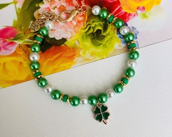 Pearl Pet Collar Necklace with Clover Leaf Lucky Charm Bling, St Patrick's Day Holiday Dog Cat Jewelry, Fancy Beaded Pet Accessory