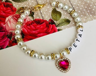 Elegant Personalized Dog Cat Collar Necklace Hot Pink Heart Charm Bling White Ivory Pearl Pet Jewelry Fancy Pearl puppy Collar Pet Accessory