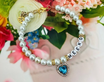 Elegant Personalized Pearl Dog Cat Collar Pet Name Necklace Blue Rhinestone Heart Charm Bling Beaded White Pearl Pet Jewelry Puppy Collar