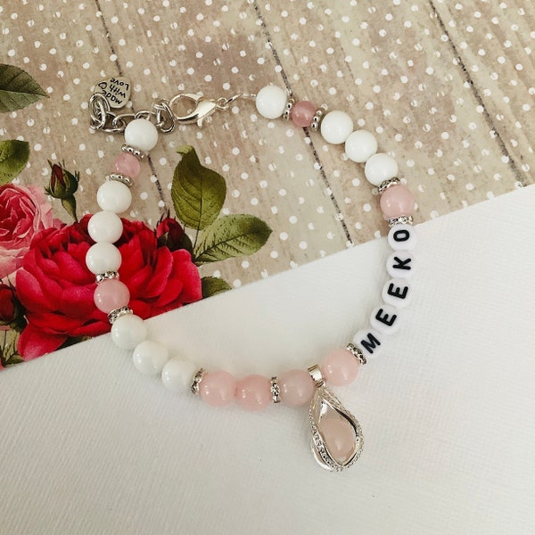 Personalize Gemstone Dog Cat Collar Necklace Rose Quartz and White Porcelain Pet Jewelry Natural Crystal Stone Pet Collar Fancy Puppy Collar