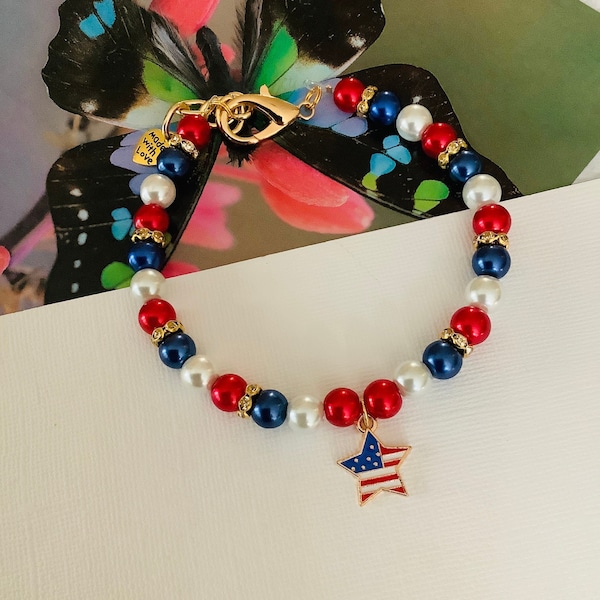 Patriotic Pet Collar Necklace Star Flag Charm Bling Dog Cat Jewelry Beaded Dog Cat 4Th of July Pet Collar Blue Red White Pearls Rhinestones