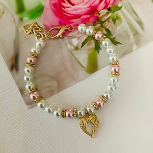 Oro ángel alas encanto Bling perla collar de mascota collar con cuentas marfil y rosa perla perro gato joyería oro Rhinestone acento collar de cachorro de lujo