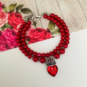 Doppelsträngige Perlenkette für Hunde und Katzen, Valentinstag, mehrsträngige rote Perle, Haustierschmuck, Strass-Herz-Anhänger, Braut- und Hochzeitsschmuck