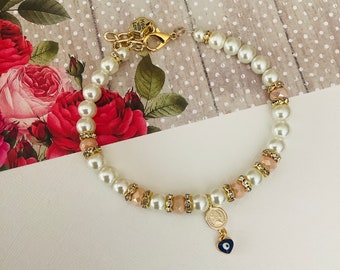 Elegant Pearl Pet Jewelry Evil Eye Talisman Charm Bling Dog Cat Collar Necklace Beaded Ivory Pearl Gold Coin Charm Pet Collar Dog Cat Amulet