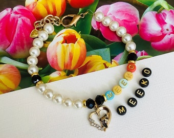 Personalized Pearl Pet Collar Name Necklace Rhinestone Heart Charm Bling Panda Symbol Beaded Pet Jewelry Puppy Accessory