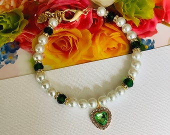 Fancy Pearl Pet Collar Necklace Heart Charm Bling White & Green Dog Cat Jewelry Elegant Green Crystal Gold Rhinestone Accents Puppy Collar