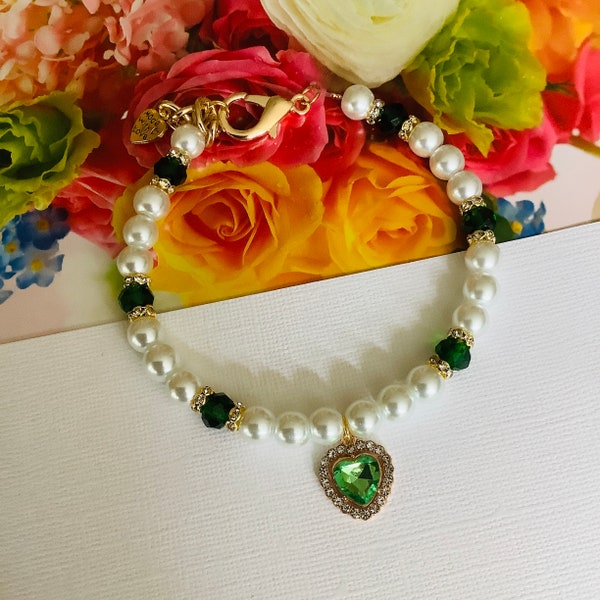 Fancy Pearl Pet Collar Necklace Heart Charm Bling White & Green Dog Cat Jewelry Elegant Green Crystal Gold Rhinestone Accents Puppy Collar