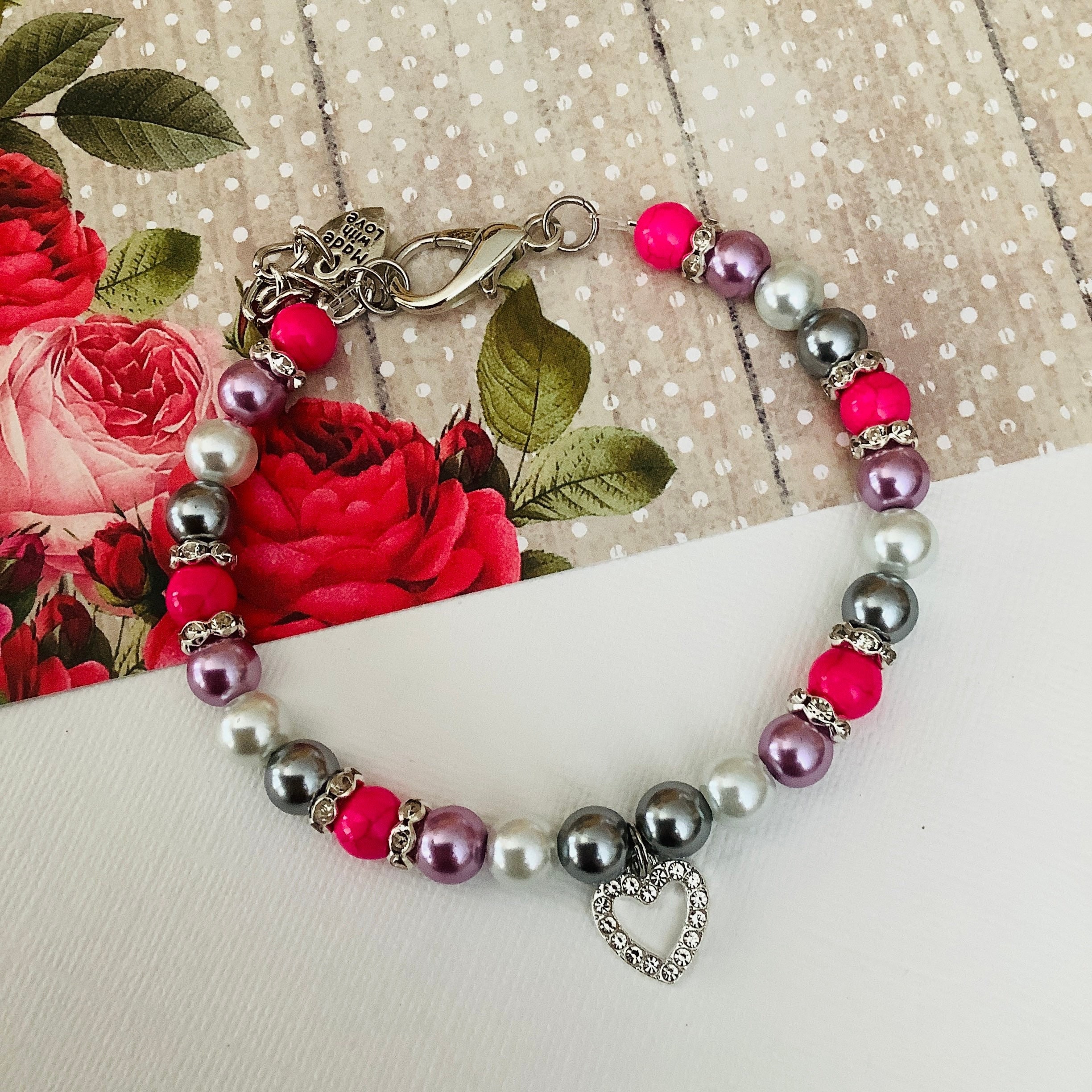 Elegant Pearl Pet Collar With Rhinestone Heart Charm Bling, Multi Color Grey Pink Purple Dog Cat Jewelry, Cute Puppy Kitty Jewelry Accessory