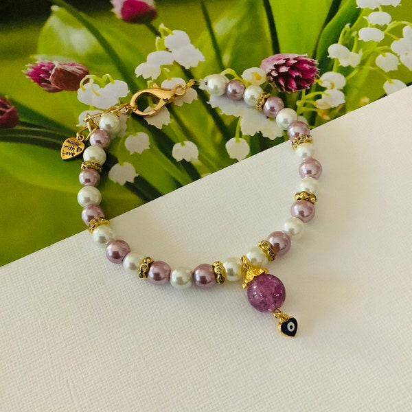 Elegant White and Purple Pearl Pet Collar Necklace Evil Eye Charm Bling Beaded Dog Cat Jewelry Fancy Puppy Collar Luxury Pet Accessories