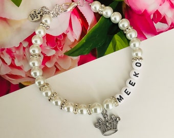 Personalisiertes Perlenhalsband für Haustiere, Namenskette mit Strasskrone, Perlen-Accessoire für Hunde und Katzen