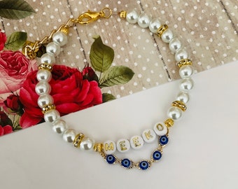 Personalized Dog Cat Pearl Pet Collar Necklace Evil Eye Charm Bling Gold Rhinestone Accent Cute Pearl Pet Jewelry Puppy Collar Pet Accessory