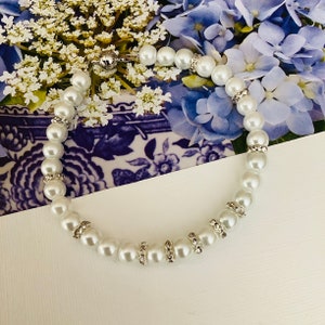 White Pearl Dog Cat Collar Necklace Silver Rhinestone Accents Wedding Bridal Pet Jewelry Fancy Beaded Puppy Collar Luxury Pet Accessories