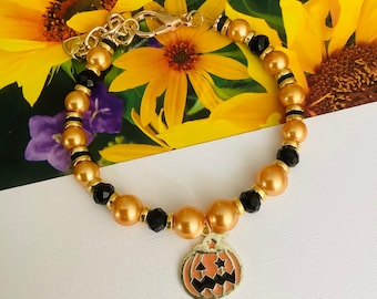 Halloween Dog Cat Collar Necklace Pumpkin Charm Bling Pet Jewelry Black & Orange Beaded Pet Collar Holiday Custom Accessory Dog Cat Jewelry