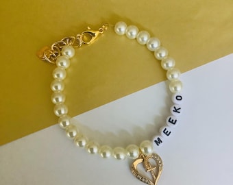 Collar personalizado de perlas para mascotas con dije de corazón y cruz de diamantes de imitación, collar con nombre brillante para perros, cachorros y gatos, joyería nupcial para mascotas con cuentas