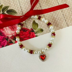 Rhinestone Heart Charm Bling Pearl Pet Collar Necklace Pet Valentine Day Elegant Beaded Dog Cat Jewelry Fancy Red White Pearl Puppy Collar