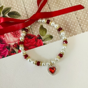 Rhinestone Heart Charm Bling Pearl Pet Collar Necklace Pet Valentine Day Elegant Beaded Dog Cat Jewelry Fancy Red White Pearl Puppy Collar