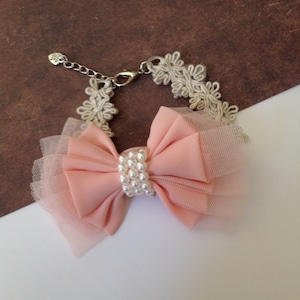 Elegant Pink Bow Tie Pet Collar Girl Dog or Cat Bow with Pearl Accent Fabric Bow Pet Neck Wear Custom  Collar Special Occasion Pet Accessory