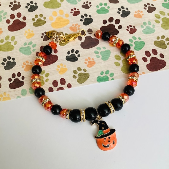 Halloween Jack O Lantern Pumpkin Pet Jewelry Dog Cat Halloween Collar Necklace Witch Hat Pumpkin Charm Puppy Collar Holiday Pet Collar Bling