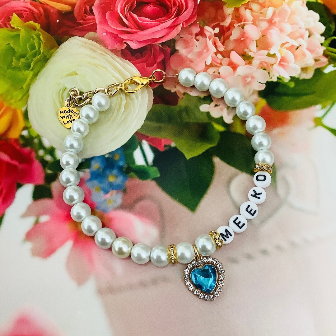 Elegant Personalized Pearl Dog Cat Collar Necklace Blue Rhinestone