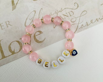 Rose Quartz Gemstone Baby Bracelet Pink Semi Precious Stone Baby Girl Toddle Little Kid Jewelry Evil Eye Protection Charm Gift for Baby Kid