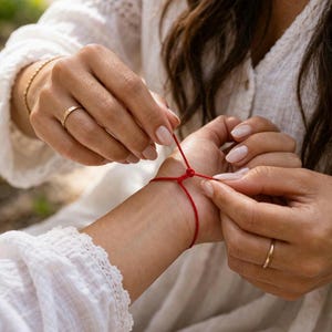 May include: A red string bracelet being tied on a wrist. The bracelet is knotted and secured. The person tying the bracelet is wearing a white shirt and gold rings. The background is blurred.