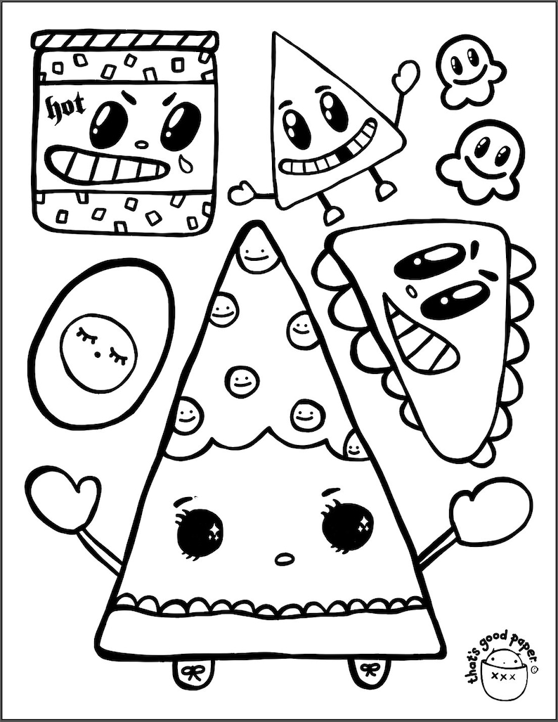 May include: Black and white line art illustration of various food items with cartoon faces. The illustration includes a jar of hot sauce, a pizza slice, a taco, a chip, and an egg.