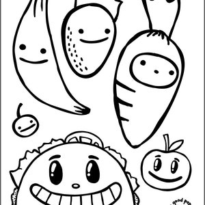 May include: Black and white line drawing of a banana, strawberry, carrot, cherry, taco, and apple. Each fruit and vegetable has a smiling face. The image includes the text "that's good paper."
