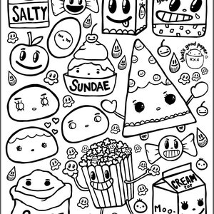 May include: Black and white line art illustration of various food items with cartoon faces. The illustration includes a carton of milk, a carton of juice, a sundae, a bag of popcorn, a bag of candy, a bag of sugar, a pizza slice, an apple, and a bag of sweets. The text "SALTY", "SUNDAE", "SWEET", "CREAM TOP", "Moo-Moo", and "that's good paper" are included in the illustration.