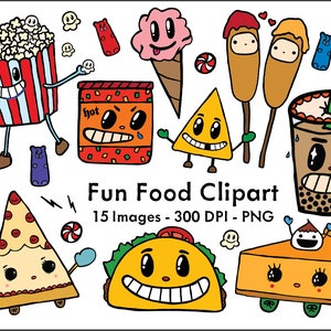 Könnte beinhalten: Ein Set mit 15 Cartoon-Food-Illustrationen, darunter ein Taco, Pizza, Popcorn, Eiswaffel, Corn Dog, Nachos, Boba Tea und ein Kürbiskuchen. Die Illustrationen sind in einem leuchtenden, farbenfrohen Stil gehalten und zeigen niedliche, cartoonhafte Gesichter.
