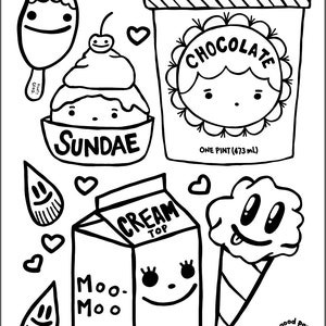 May include: Black and white line art illustration of various ice cream treats, including a sundae, a chocolate ice cream container, a popsicle, a cone of cotton candy, and a carton of cream. The illustration includes the text "Sundae", "Chocolate", "One Pint (473 ml)", "Cream Top", and "Moo-Moo".