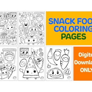 May include: Four black and white coloring pages featuring cute cartoon food characters. The pages include a variety of snack foods like ice cream, pizza, tacos, and fruit. The title "Snack Food Coloring Pages" is at the top of the image. The text "Digital Download Only" is at the bottom of the image.