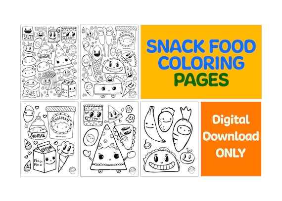 Snack Food Coloring Pages, Fun Snack Printables, Food Games, Food Activities, Printable Coloring Pages, Snack Party Birthday, DIGITAL