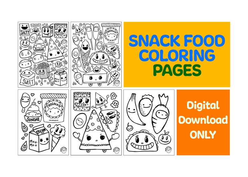 May include: Four black and white coloring pages featuring cute cartoon food characters. The pages include a variety of snack foods like ice cream, pizza, tacos, and fruit. The title "Snack Food Coloring Pages" is at the top of the image. The text "Digital Download Only" is at the bottom of the image.