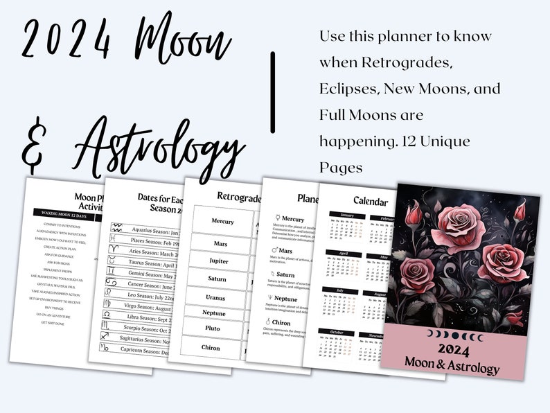 Astrology & Moon Info Sheets Gothic PDF Digital Download 2024 Moon Calendar Retrogrades Eclipses Zodiac Moon Phases Planetary Energy image 3