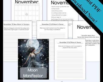 Può includere: Un foglio di lavoro stampabile per le lune nuove e piene di novembre. Il foglio di lavoro include un calendario, un'illustrazione della fase lunare e suggerimenti per la scrittura di un diario e la riflessione. Il testo include i nomi delle fasi lunari, "Luna nuova in Scorpione" e "Luna piena in Toro".