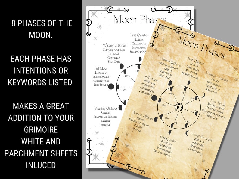 Moon Phases, Moon Phase Intention, Lunar Phase Cheat Sheet, PDF, Printable, Book of Shadows, Grimoire, Moon Magic, Lunar Magick, Moon Witch, image 2