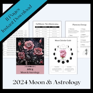 Astrology & Moon Info Sheets Gothic PDF Digital Download 2024 Moon Calendar Retrogrades Eclipses Zodiac Moon Phases Planetary Energy image 1