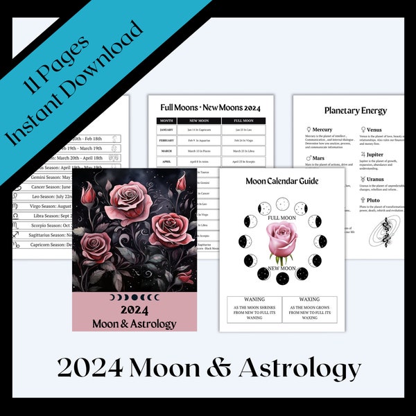 Astrology & Moon Info Sheets| Gothic| PDF Digital Download| 2024 Moon Calendar| Retrogrades| Eclipses| Zodiac| Moon Phases| Planetary Energy