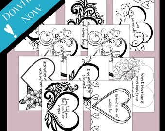 Love Affirmations Sheets, Self Love Coloring Pages, Positive Mottos, Witchy Self Care Pages, PDF, Instant Download,