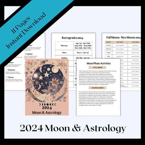 Astrology & Moon Info Cheat Sheet| 16 PDF Digital Download| 2024 Moon Calendars| Retrogrades| Eclipses| Zodiac| Moon Phase| Planetary Energy