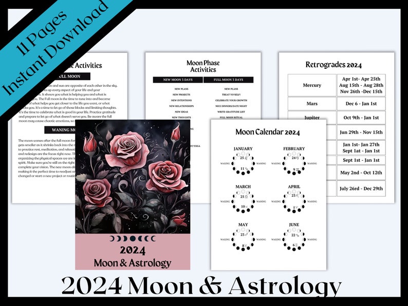 Astrology & Moon Info Sheets Gothic PDF Digital Download 2024 Moon Calendar Retrogrades Eclipses Zodiac Moon Phases Planetary Energy image 2