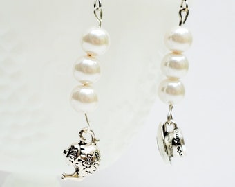 Handmade tea party cup and teapot glass pearl earrings inspired by Wonderland , 1.75" long, CLIP ONS OPTIONAL, Nerdy gifts