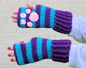 Handmade crochet fingerless cat paw gloves inspired by the Cheshire Cat in Alice's Adventures in Wonderland, 9" long, Nerdy gifts