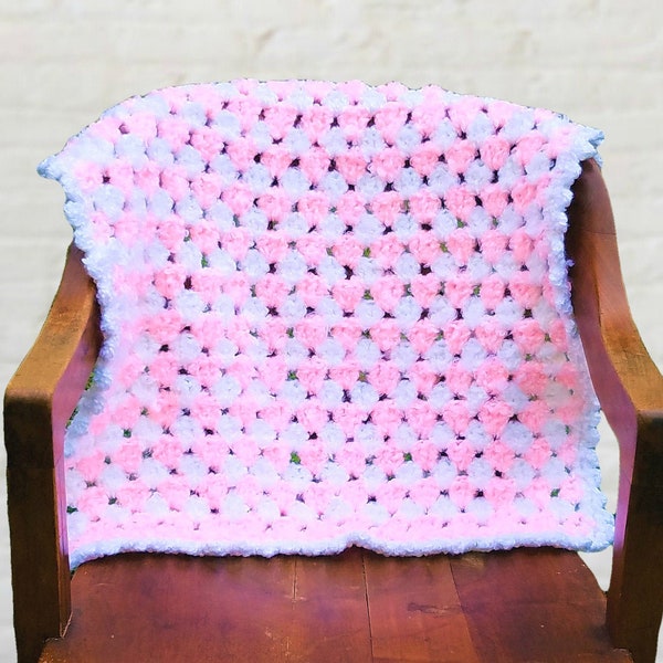 Handmade crochet small pink and white soft fluffy preemie baby girl blanket, 26.5" x 24" ONE OF A KIND