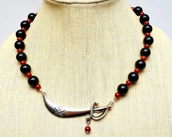 Handmade onyx and carnelian beaded pirate sword necklace inspired by Captain Hook, 19.5 inches, nerdy gifts for readers