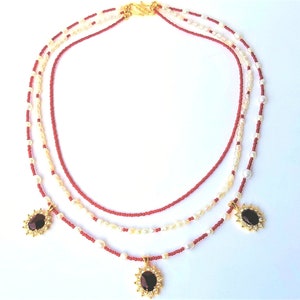 Handmade boho red and white multi strand beaded necklace, ONE OF A KIND, 22&quot; long