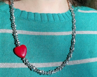 Handmade glass beaded Tin Man heart necklace inspired by The Wizard of Oz, 26.5" long, Nerdy gifts